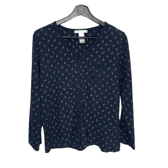 Vintage 90s Micro Floral Black Button Up Long Sleeve Top Medium - Picture 1 of 5